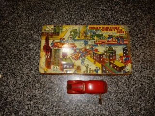 Old Marx Tin Wind Up Toy Tricky Fire Chief Car & Base