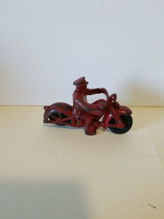 Vintage Hubley Cast Iron Red Patrol Motorcycle W/ Driver 4inch Long 3inch Tall