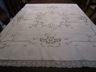 Fabulous Antique Italian Embroidered White Work Tablecloth Needlelace Work