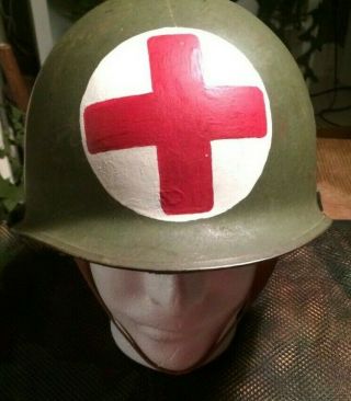 Vietnam Era M1 Steel Helmet& Liner Medic Painted Solid Piece