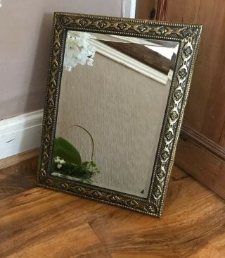 Vintage Arts & Crafts Brass Framed Bevel Edge Standing Mirror Embossed