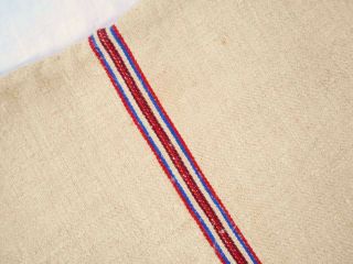 A,  19x52 Vtg Antique Red & Blue Stripe Hemp Linen Fabric Feedsack Grain Bag A,