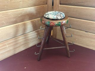 Vintage Sewing Pin Cushion & Wood Thread Holder Stand - Painted - Tapestry