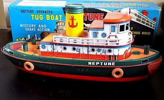 Vintage Tinplate Battery Op Tug Boat Neptune,  Modern Toys,  M - T,  Japan.  Nmib