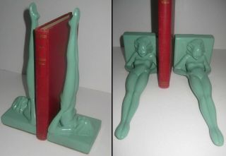 Frankart Standing Nymphs Bookends Art Deco In Green Metal 9 - 1/4 " Tall A Pair Usa