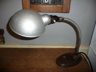 Antique 1930s / 40s Era Desk Lamp With Cast Base And Flexible Stem.  Metal Shade