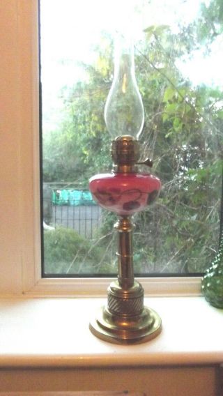 Large Antique Brass & Pink Cranberry Glass Font Oil Lamp