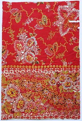 India Chintz (printed Cotton) Textile Fragment - Flower Pattern On Red Ground