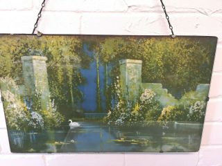 Vintage Art Deco 1930 ' s Frameless Picture Wall Hanging Beveled Lake Swan Chain 3