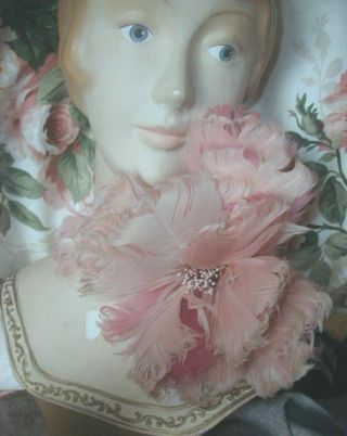 1909 Huge Antique Edwardian Pink Feather Flower Paris French Millinery Blush Vg