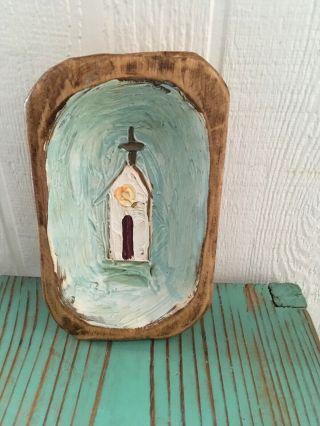 Wooden Dough Bowl Small With Primitive Church