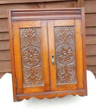 Antique Victorian Fumed Carved Oak Smokers Cabinet Cupboard