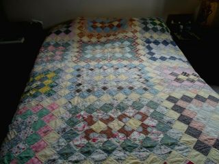 Antique Large Hand Made Hand Sewn Patchwork Quilt Of Many Colors Ric Rac