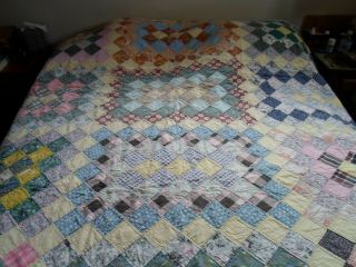 ANTIQUE LARGE HAND MADE HAND SEWN PATCHWORK QUILT OF MANY COLORS RIC RAC 7