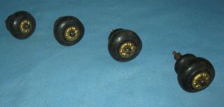 Antique Set 4 Black Ebony Wooden Drawer Pulls/knobs W/brass Rosettes Ca 1800 