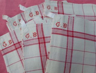 6 Vintage French Napkins Torchons Linen Metis Red Stripes Fleur Bleue