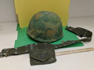 Rare Vietnam War Us Army Usmc M1 Combat Helmet W Jump Liner,  Army Belt
