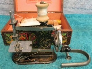 Antique German Gold Stenciled Child ' s Toy/Salesman Sample Sewing Machine 2