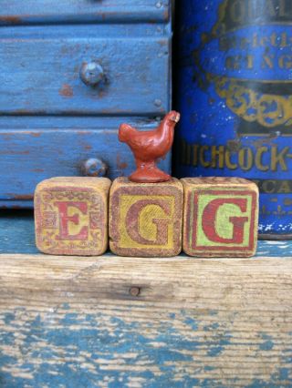 Antique Wood Abc Blocks Spell Egg W Toy Chicken