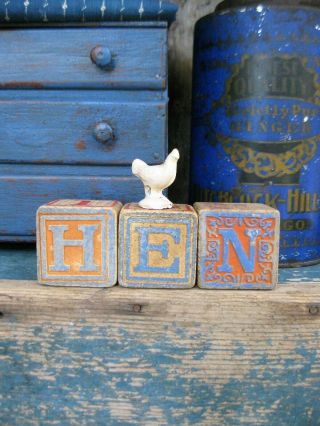 Antique Wood Abc Blocks Spell Hen W Toy Chicken
