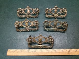 Set Of 5 Victorian Ornate Cast Brass Dresser Stand Drawer Pulls Handles