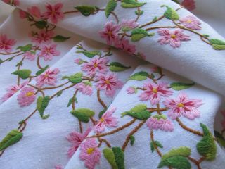 Vintage Hand Embroidered Linen Tablecloth - Cherry Blossom Flowers