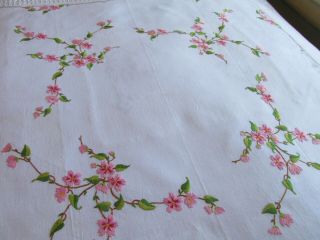 Vintage Hand Embroidered Linen Tablecloth - CHERRY BLOSSOM FLOWERS 2