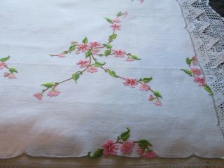 Vintage Hand Embroidered Linen Tablecloth - CHERRY BLOSSOM FLOWERS 3