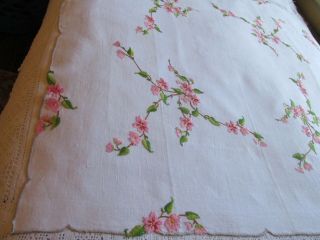 Vintage Hand Embroidered Linen Tablecloth - CHERRY BLOSSOM FLOWERS 4