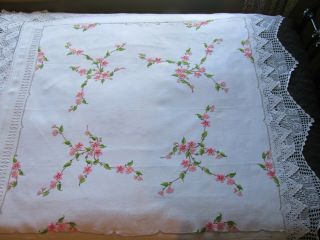 Vintage Hand Embroidered Linen Tablecloth - CHERRY BLOSSOM FLOWERS 5