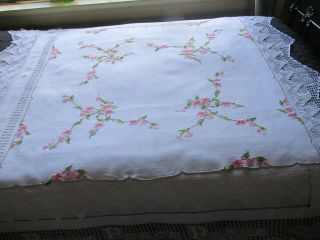 Vintage Hand Embroidered Linen Tablecloth - CHERRY BLOSSOM FLOWERS 6