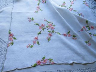 Vintage Hand Embroidered Linen Tablecloth - CHERRY BLOSSOM FLOWERS 7