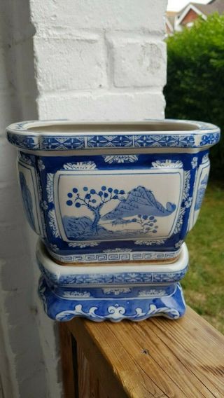 Vintage Large Blue And White Porcelain Chinese Planter Pot With Base