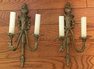 Vintage Brass Double Candlestick Electric Wall Scones 13 " Tall