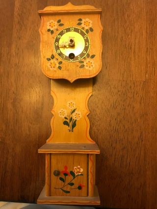 Vintage Wooden Heco Small Mini Grandfather Clock Wooden Made In Germany With Key