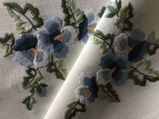 Vintage Hand Embroidered Tablecloth Blue Pansies
