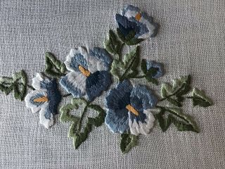 VINTAGE HAND EMBROIDERED TABLECLOTH BLUE PANSIES 2