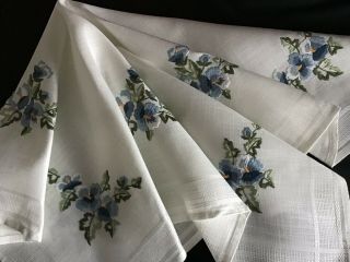 VINTAGE HAND EMBROIDERED TABLECLOTH BLUE PANSIES 3