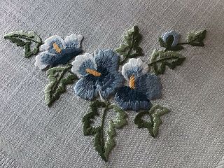 VINTAGE HAND EMBROIDERED TABLECLOTH BLUE PANSIES 4