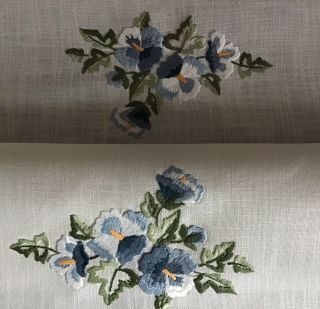 VINTAGE HAND EMBROIDERED TABLECLOTH BLUE PANSIES 5