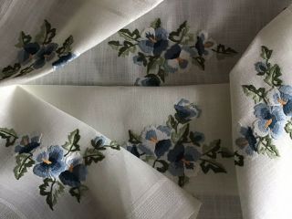 VINTAGE HAND EMBROIDERED TABLECLOTH BLUE PANSIES 6