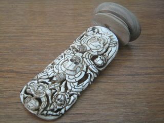 Unusual Carved Buffalo Bone Scrimshaw Of Momento Mori Interest - Turtles Skulls