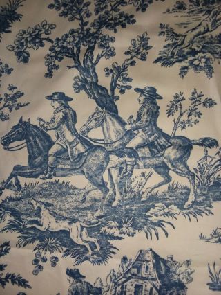 French Antique 19thc Blue & White Cotton Toile Fabric Hunting 8yd 14in X 36in Wd