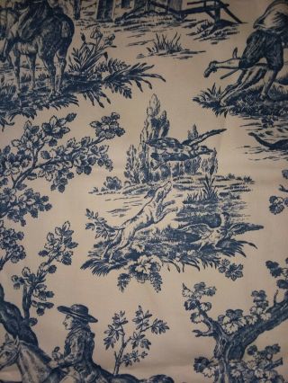 french antique 19thc blue & white cotton toile fabric hunting 8yd 14in x 36in wd 4