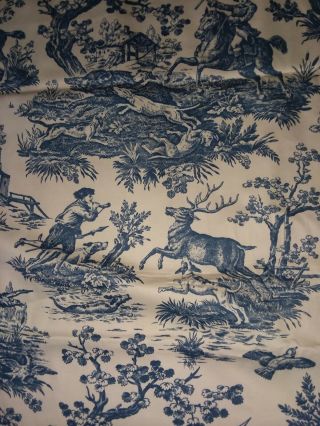 french antique 19thc blue & white cotton toile fabric hunting 8yd 14in x 36in wd 5