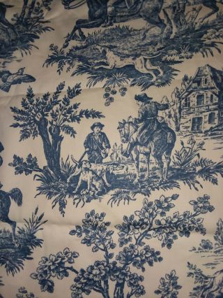 french antique 19thc blue & white cotton toile fabric hunting 8yd 14in x 36in wd 6