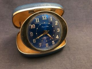 Vintage Mid - Century Modern Blue Travel Clock Westclox Travel Ben Case Analog