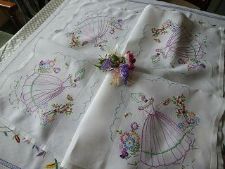 Vintage Hand Embroidered Tablecloth/ Pink Crinoline Ladies.
