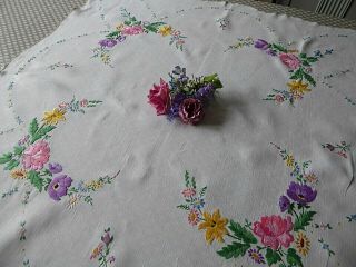 Vintage Hand Embroidered Tablecloth=beautiful Flower Clusters - Lovely