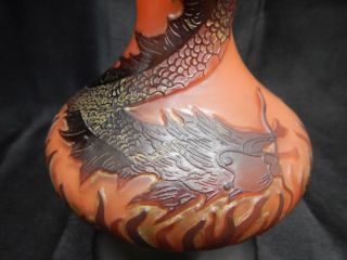 ANTIQUE CAMEO ART GLASS VASE WITH ENTWINED DRAGONS IN FLAMES 6